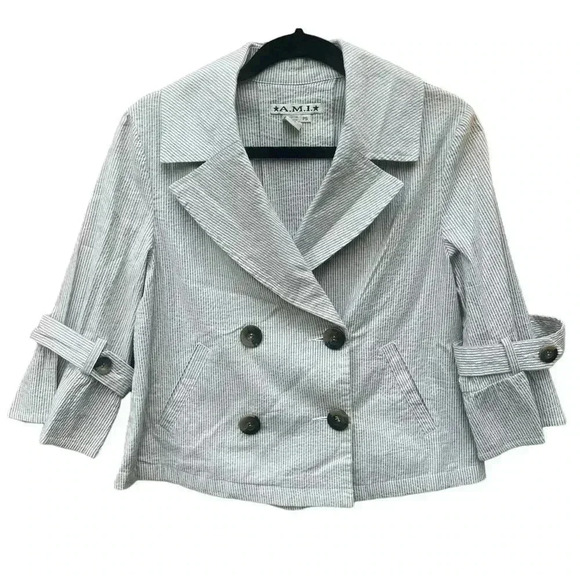 AMI Seersucker Striped Double Breasted Jacket Tan & White Size petite Small. - Picture 1 of 7